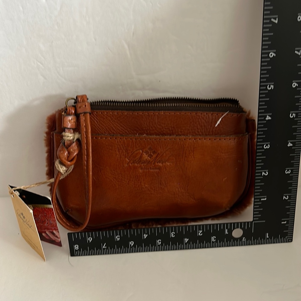 BROWN LEATHER FUR TRIM WRISTLET WALLET